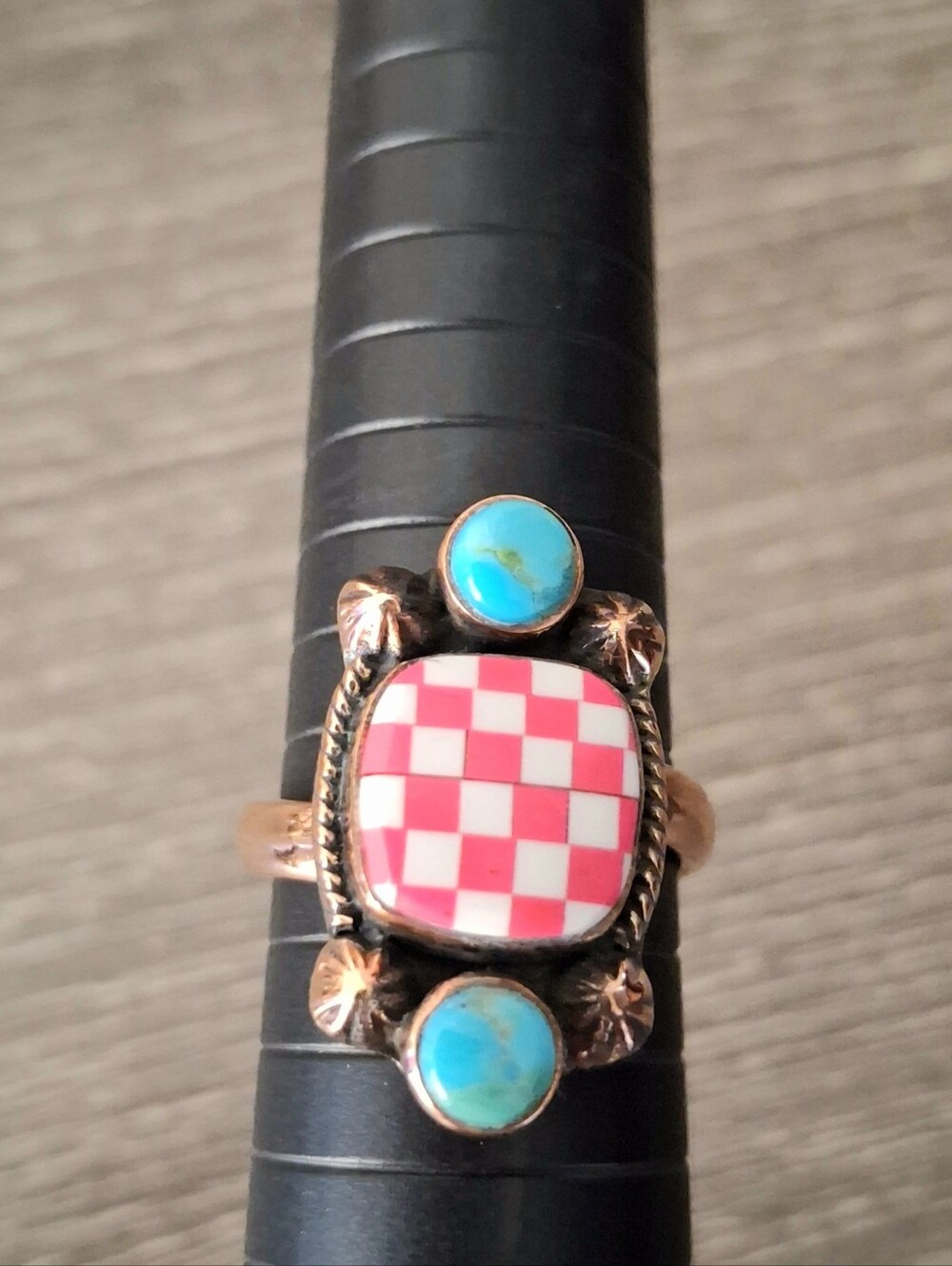 Ring Pink Checkerboard With Turquoise Accents Copper Adjustable Sizing 8-9-10